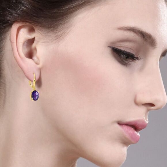 18K Yellow Gold 925 with 3.20 Cttw Amethyst Oval Leverback Hook Earrings - Picture 3 of 4